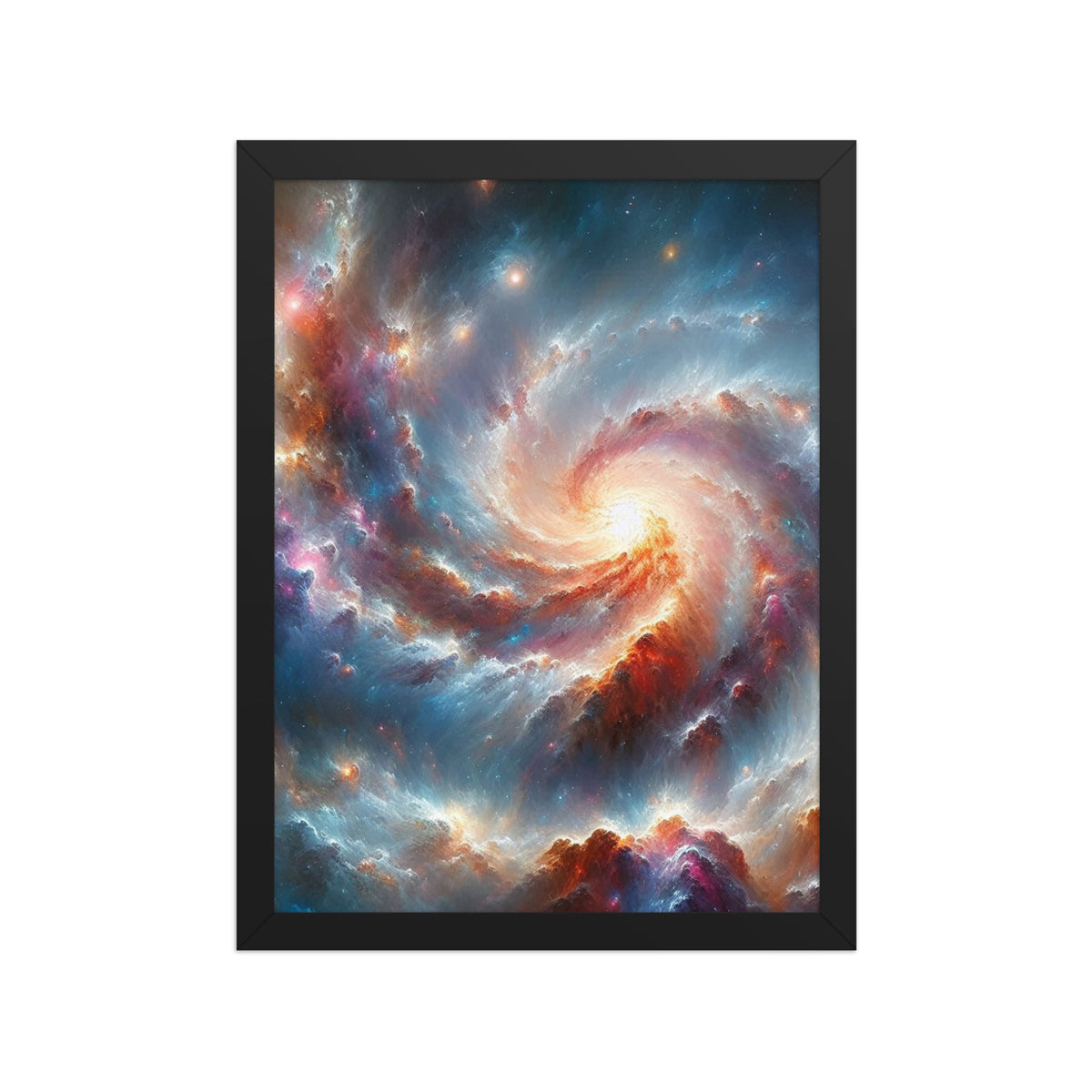 Framed artwork of a spiral galaxy with vibrant colors on a white background for home decor UK.