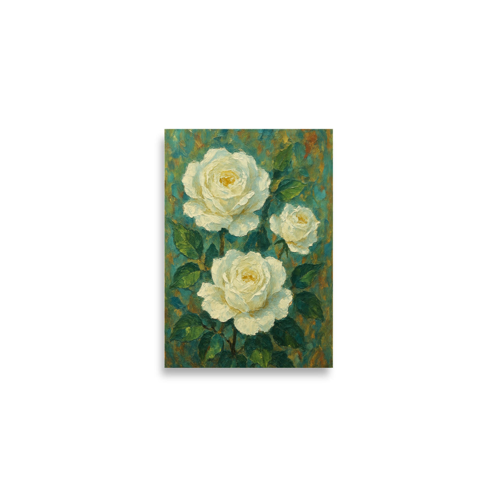 Premium poster print of UK white roses with a textured green and brown background in A2 for minimalist wall decor. Creative botanical wallart by Impressions Art.