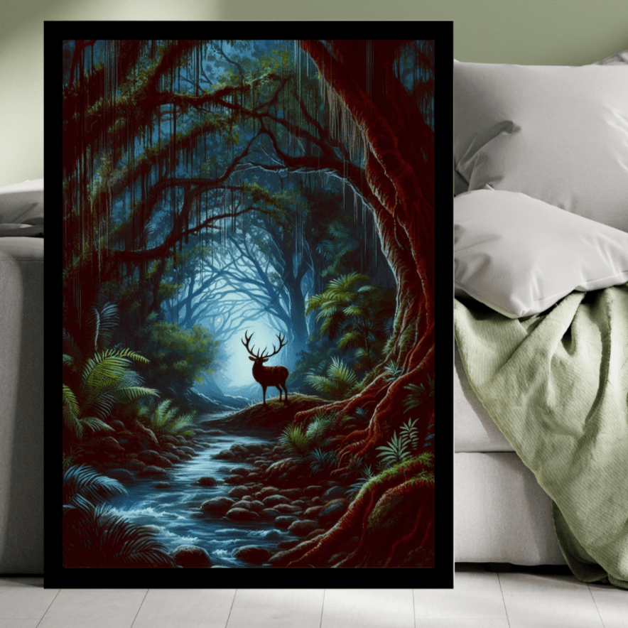 Modern Black Framed Exclusive Mystical Deer in the jungle wall art poster by Impressions Art. Perfect for home and office decor, modern and creative interiors. Available in sizes A3 and A2