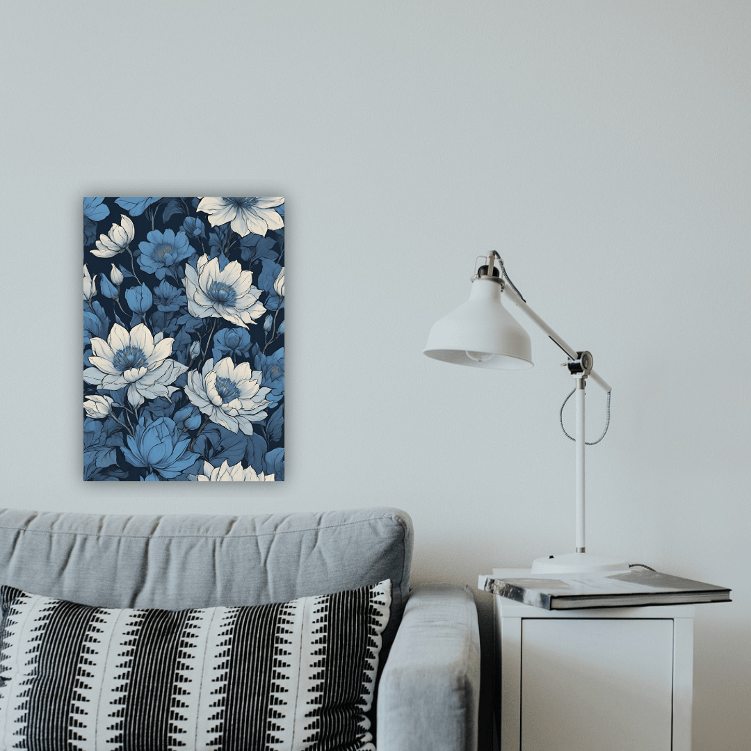 Elegant blue A3 size floral wall art print with creative botanical design on a wall by Impressions Art UK, ideal for modern home decor.