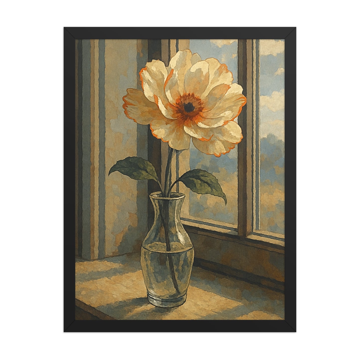 Premium floral UK framed artwork of a fresh daisy flower in a vase near a window, A1 size wall art by Impressions Art.
