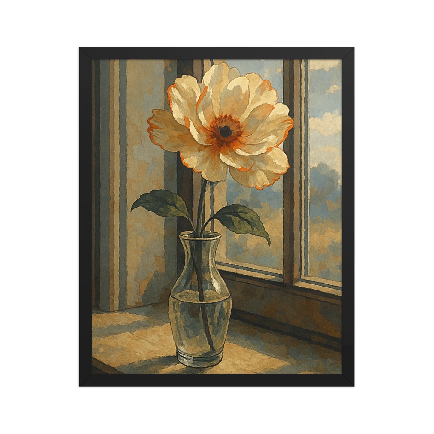 Premium floral UK framed artwork of a fresh daisy flower in a vase near a window, A2 size wall art by Impressions Art.