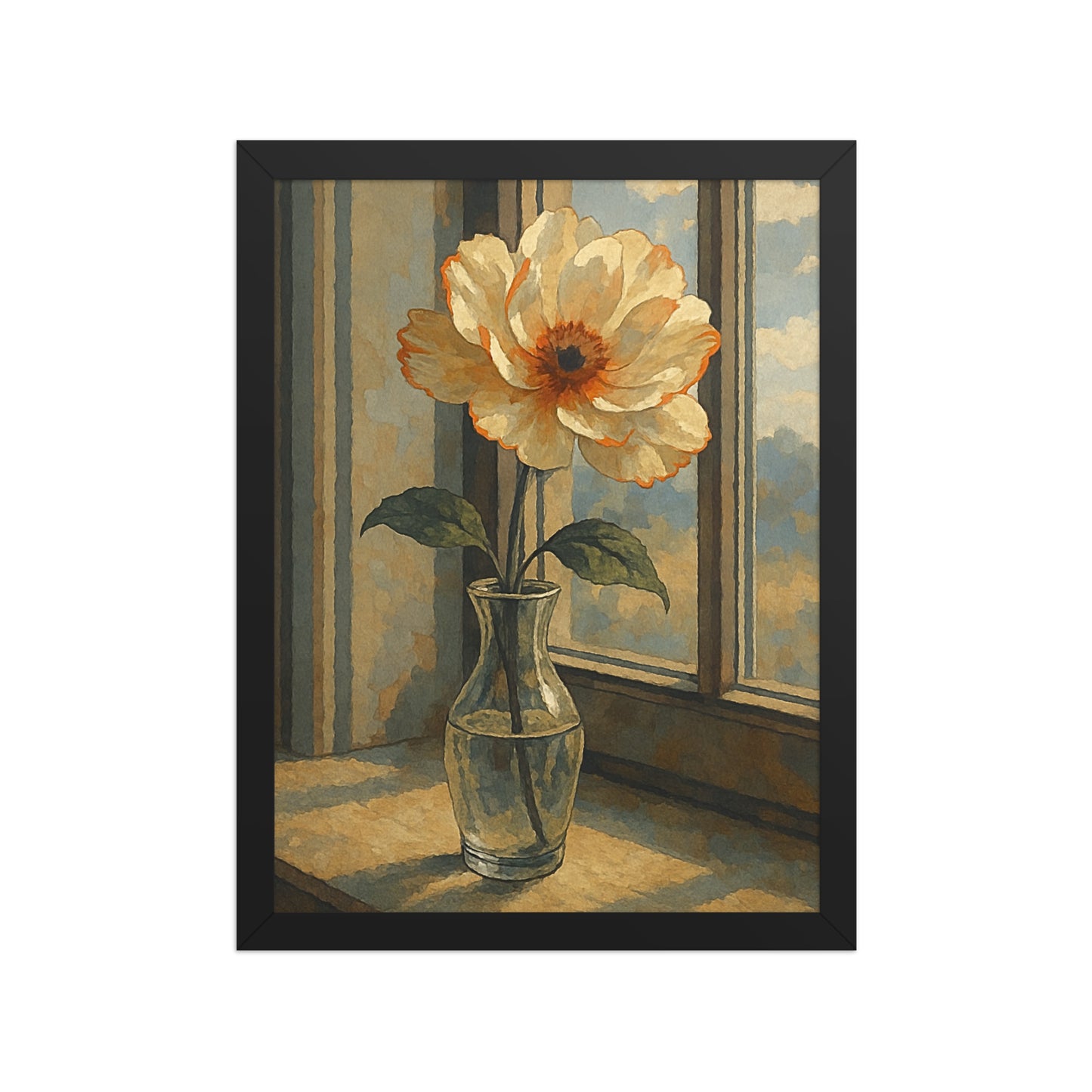 Premium floral UK framed artwork of a fresh daisy flower in a vase near a window, A3 size wall art by Impressions Art.