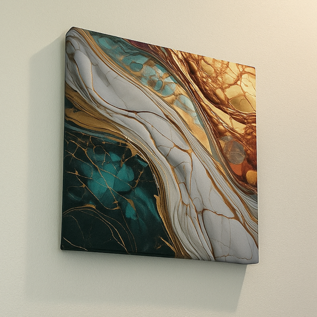 Luxury abstract canvas modern UK wall art with fluid gold, blue, and white colors on a beige wall by Impressions Art.