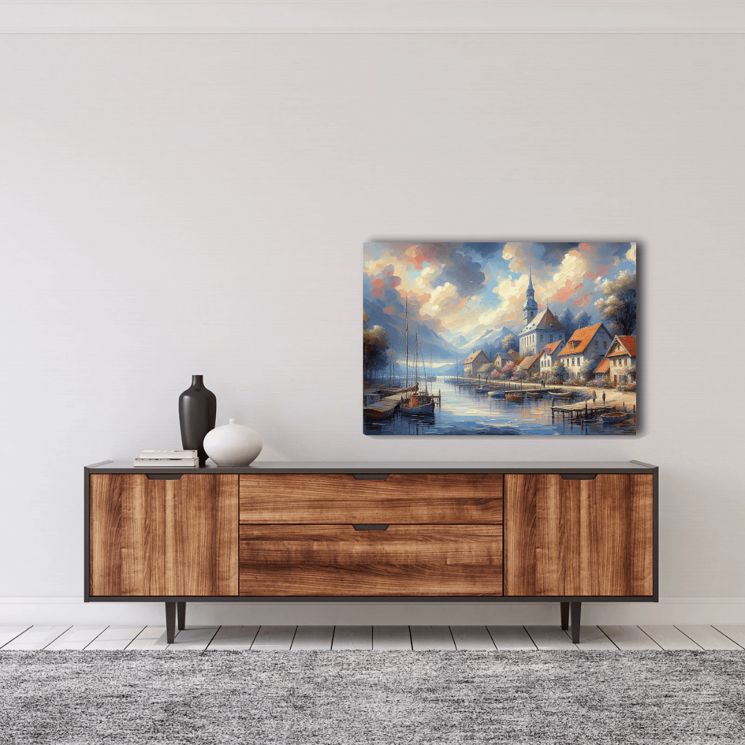 Minimalist Ancient Town Dock Canvas wall art print by Impressions Art. This creative ancient town inspired Thin Canvas print is available in sizes A4 and A3. Perfect for modern and creative home decor.