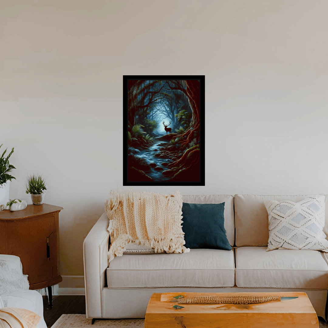 Mystical Deer in the Jungle – Framed Wildlife exclusive Wall Art by Impressions Art, Available in sizes A3 and A2 for modern and creative interiors.