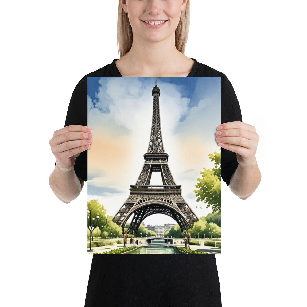 Woman holding the Paris Eiffel Tower watercolour matte poster in A3 size by Impressions Art UK.