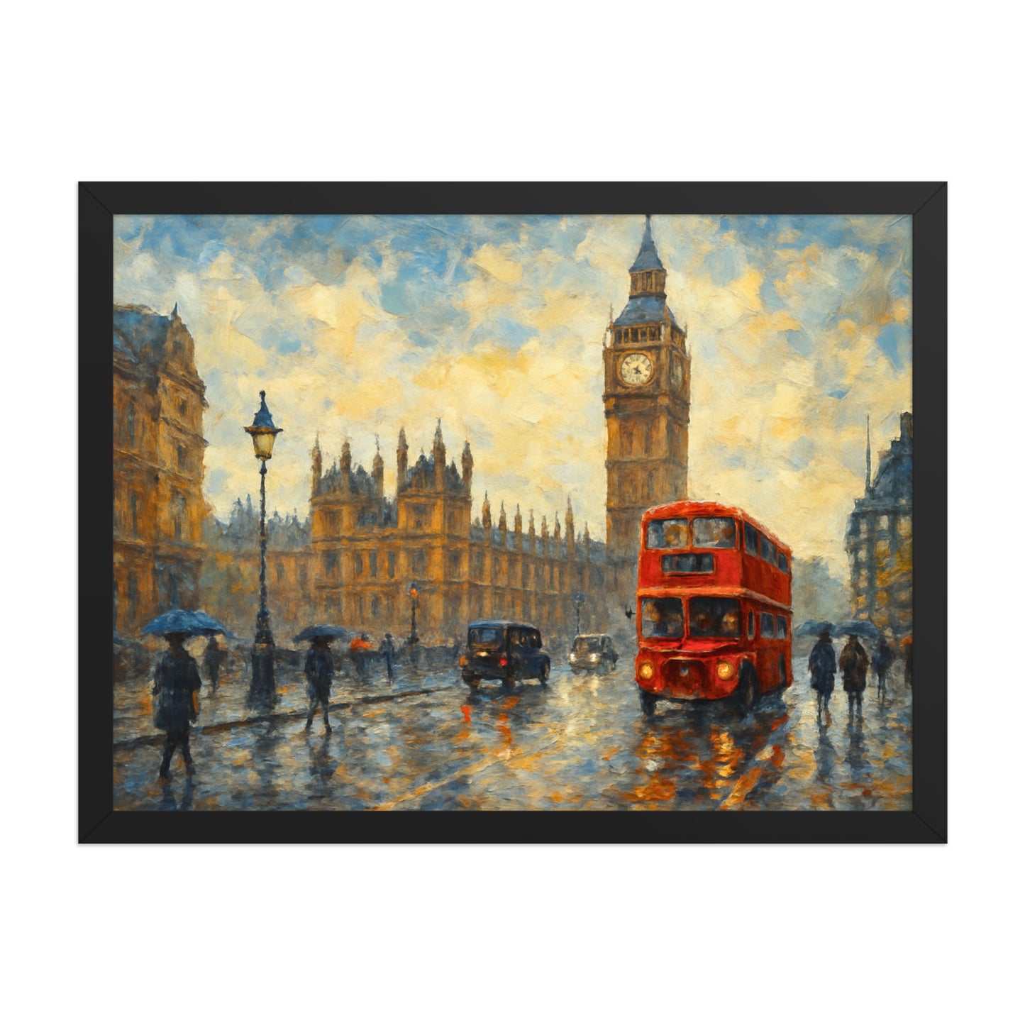 Framed painting of a London city street with a red double-decker bus and Big Ben in the background. A minimalist A2 UK wallart by Impressions Art.