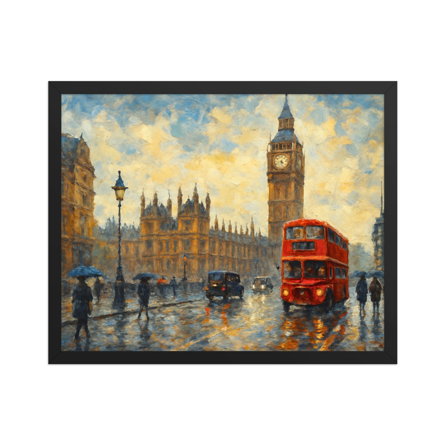 Framed painting of a London city street with a red double-decker bus and Big Ben in the background. A minimalist A2 UK wallart by Impressions Art.
