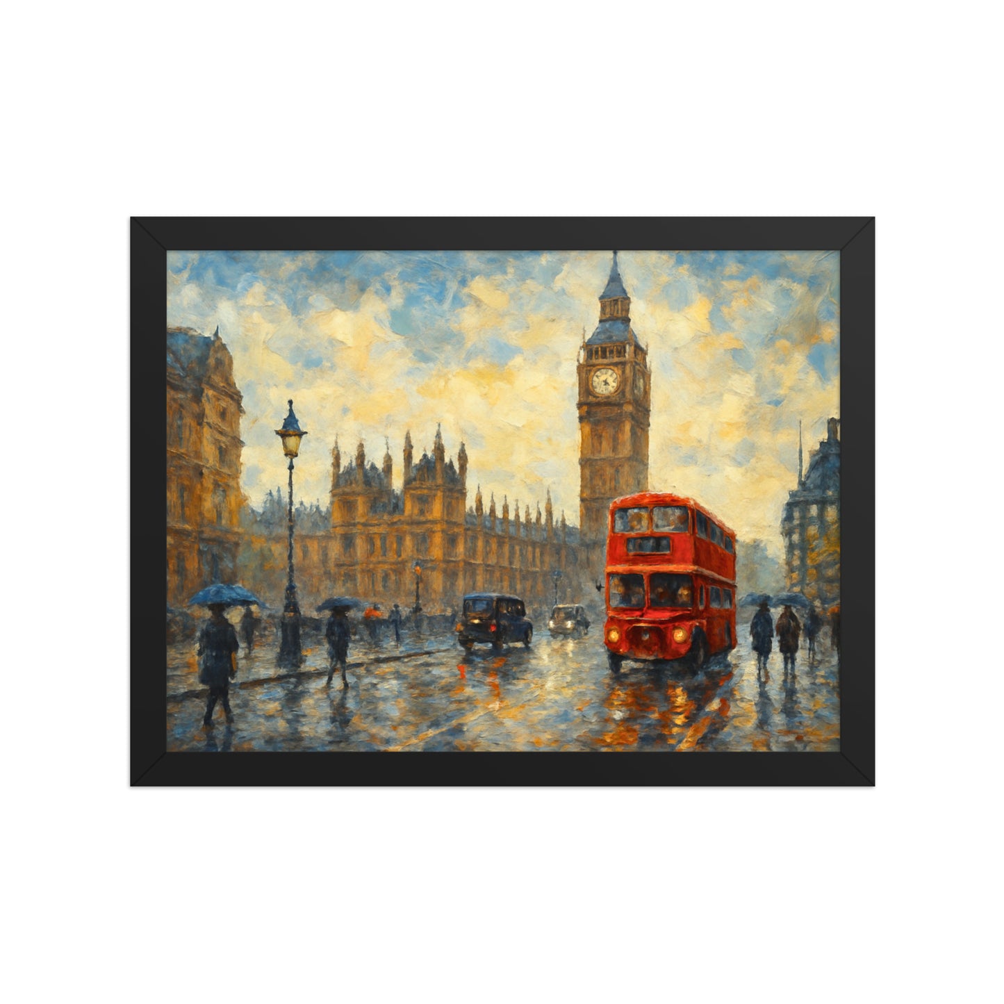 Framed painting of a London city street with a red double-decker bus and Big Ben in the background. A minimalist A3 UK wallart by Impressions Art.