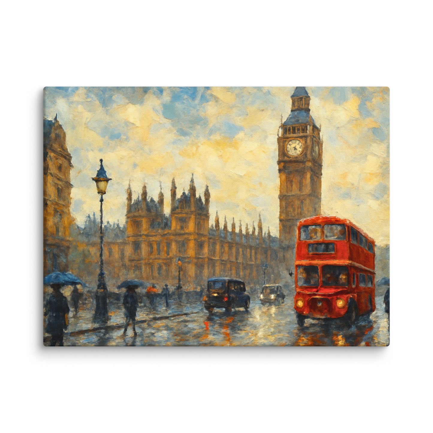 Beautiful A1 canvas painting of a London street with a red double-decker bus, Big Ben, and people with umbrellas as a wall art at Impressions Art.
