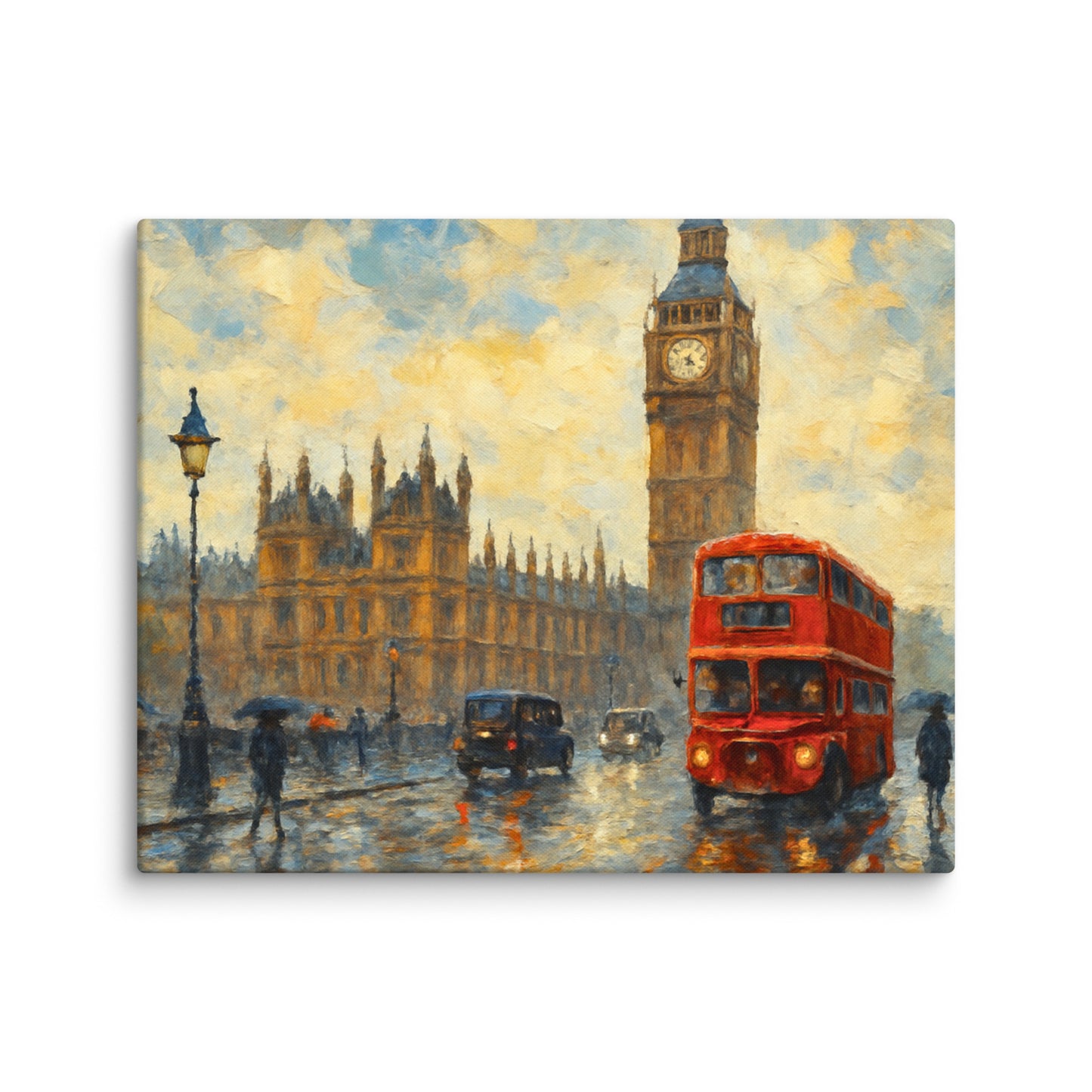 Beautiful A2 canvas painting of a London street with a red double-decker bus, Big Ben, and people with umbrellas as a wall art at Impressions Art.