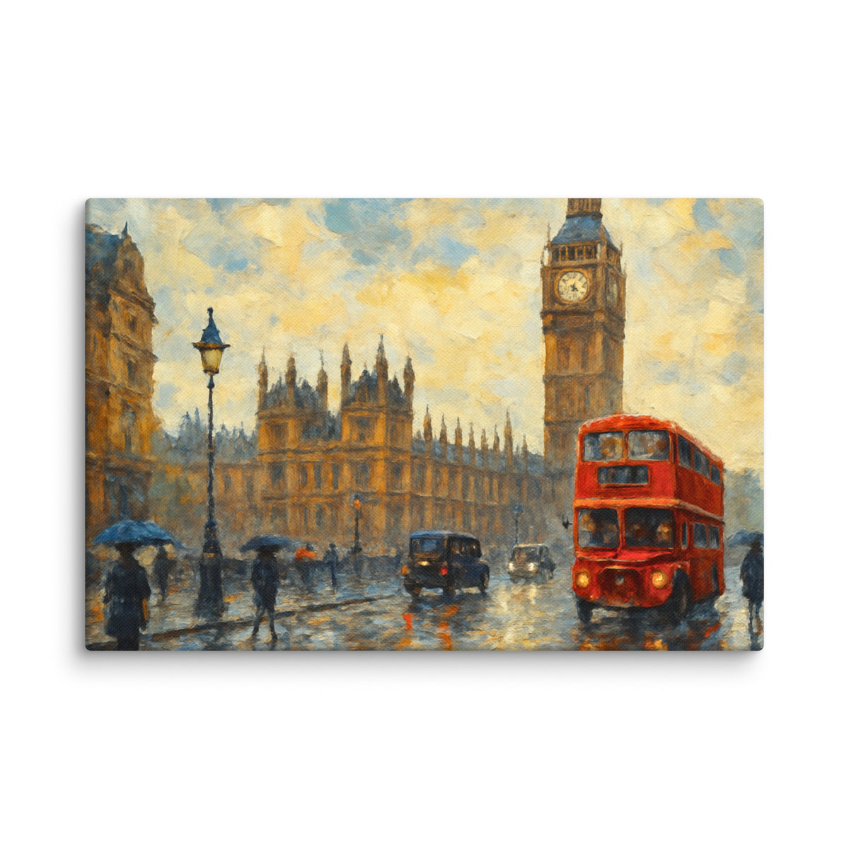 Premium A2 canvas wall art of a London street with a red double-decker bus, Big Ben, and people with umbrellas for modern home decor.