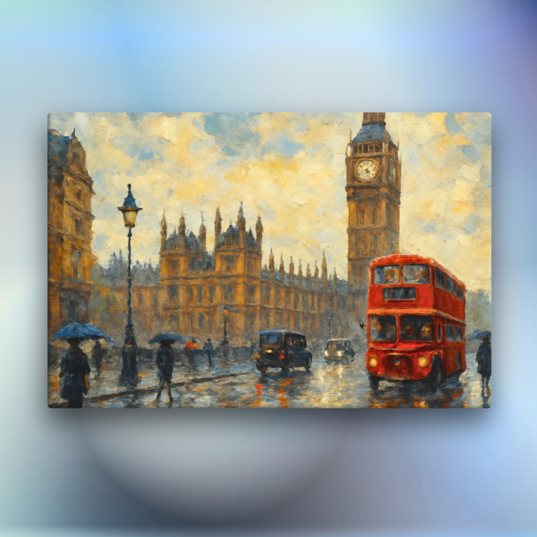 Premium thick canvas wallart of a London scene with a red double-decker bus, Big Ben, and people with umbrellas for modern british home decor.