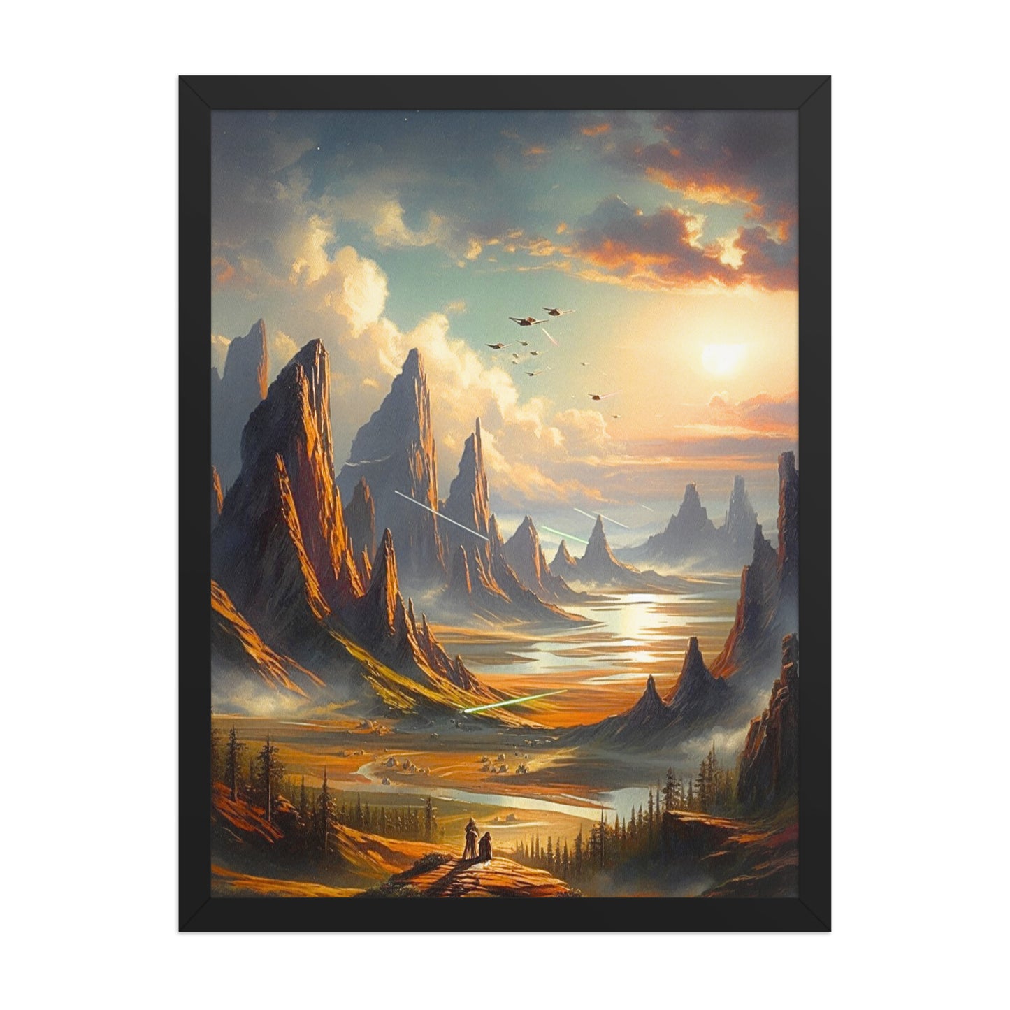 Minimlaist framed artwork of a sci-fi mountainous landscape with a beautiful sunset, A1 size wallart by Impressions Art UK.