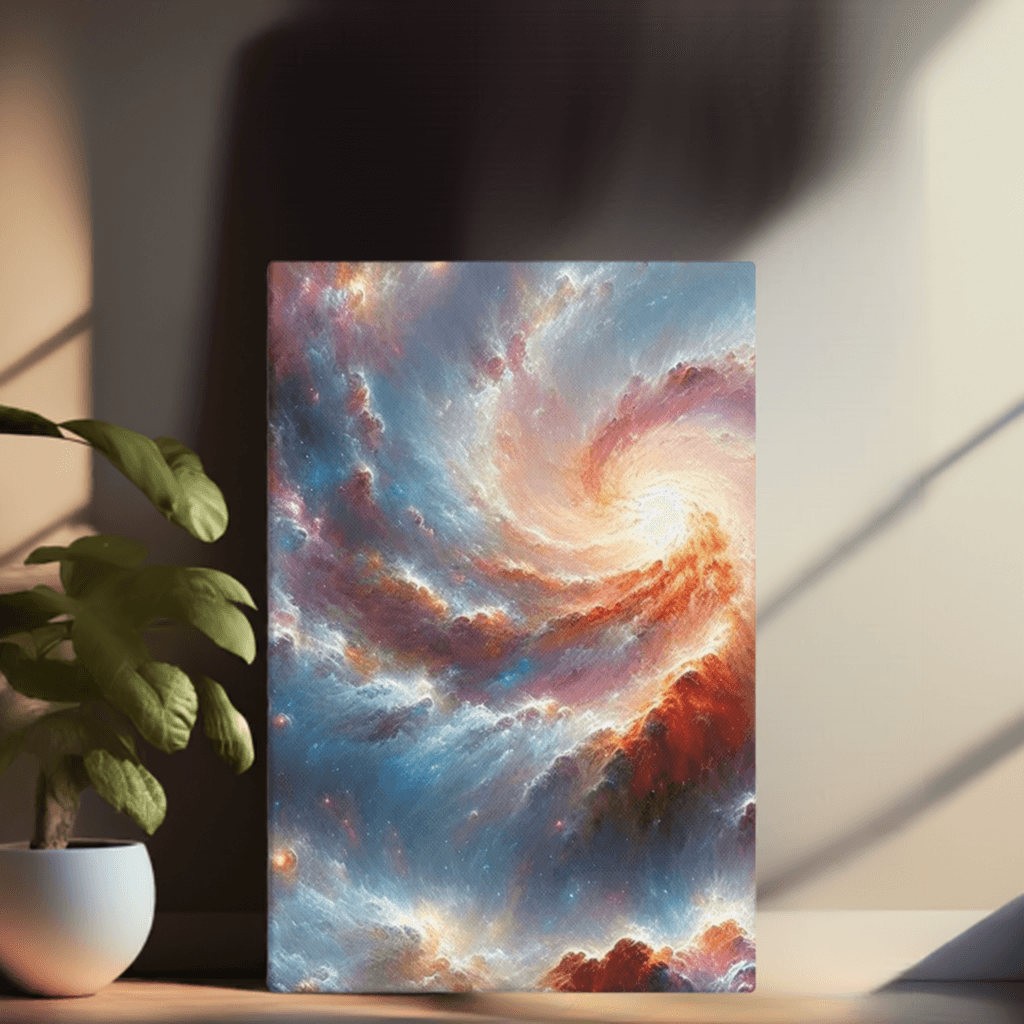 Artistic depiction of a space inspired canvas wallart with a plant to the left for home decor by Impressions Art.