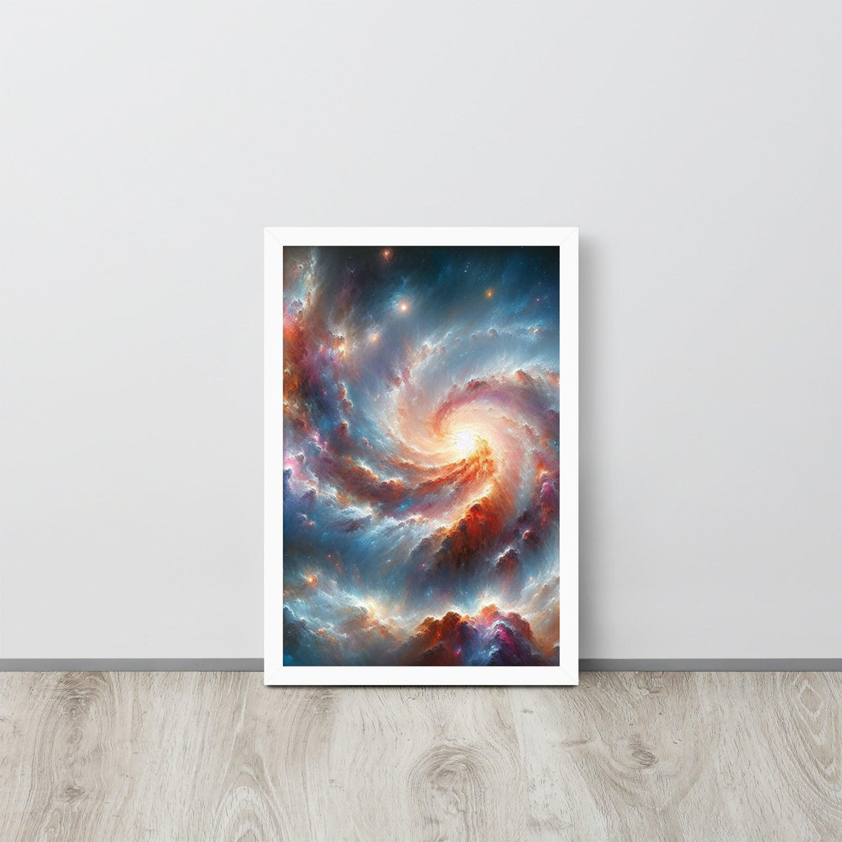 Framed poster of a colorful sci-fi galaxy in A1 size on a light gray wallart by Impressions Art for premium living room wall art uk.