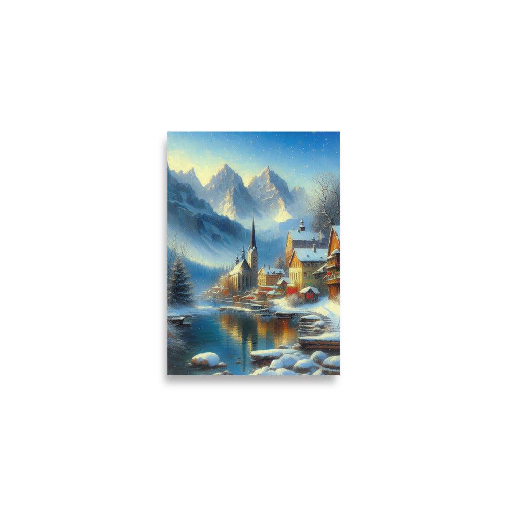 Beautiful seasonal A2 poster of a snowy village scene near a lake by Impressions Art for UK homes.