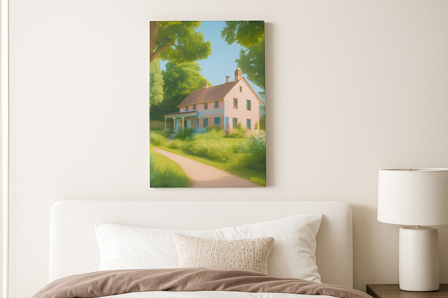 Canvas painting of a vintage house on a wall above a bed with a lamp to the right. Premium wall art for modern home decor at Impressions Art.