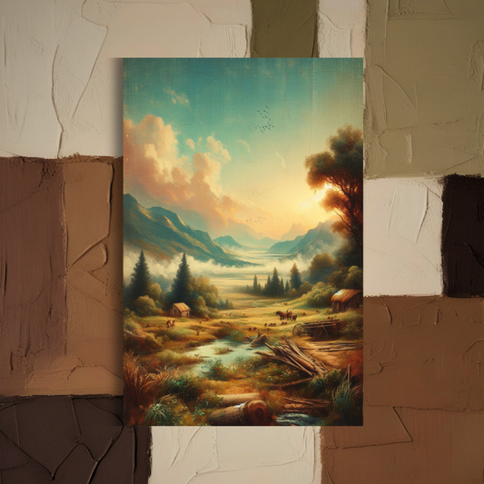 Golden Terrain landscape Minimalist vintage-style landscape Art only at Impressions Art printed on premium poster quality paper, and available in A3 and A2 sizes – premium quality wall art print for cozy and minimalist home decor.