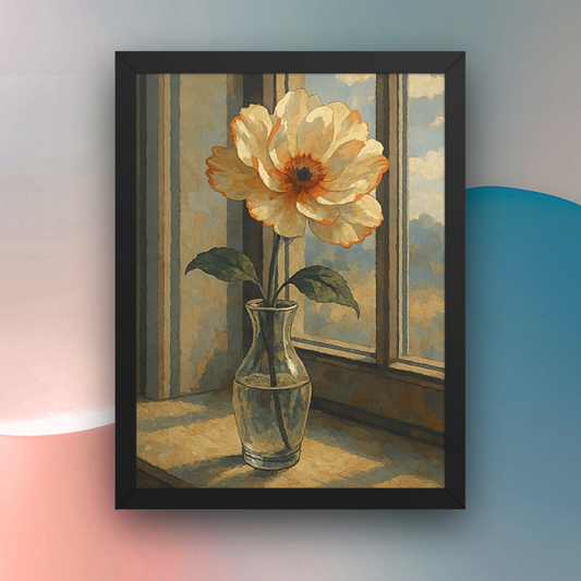 Beautifully framed floral poster of a flower in a vase near a window.