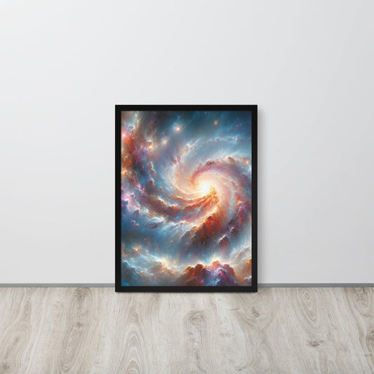 Black framed A1 size wallart of a colorful galaxy on a white wall for home decor by Impressions Art.