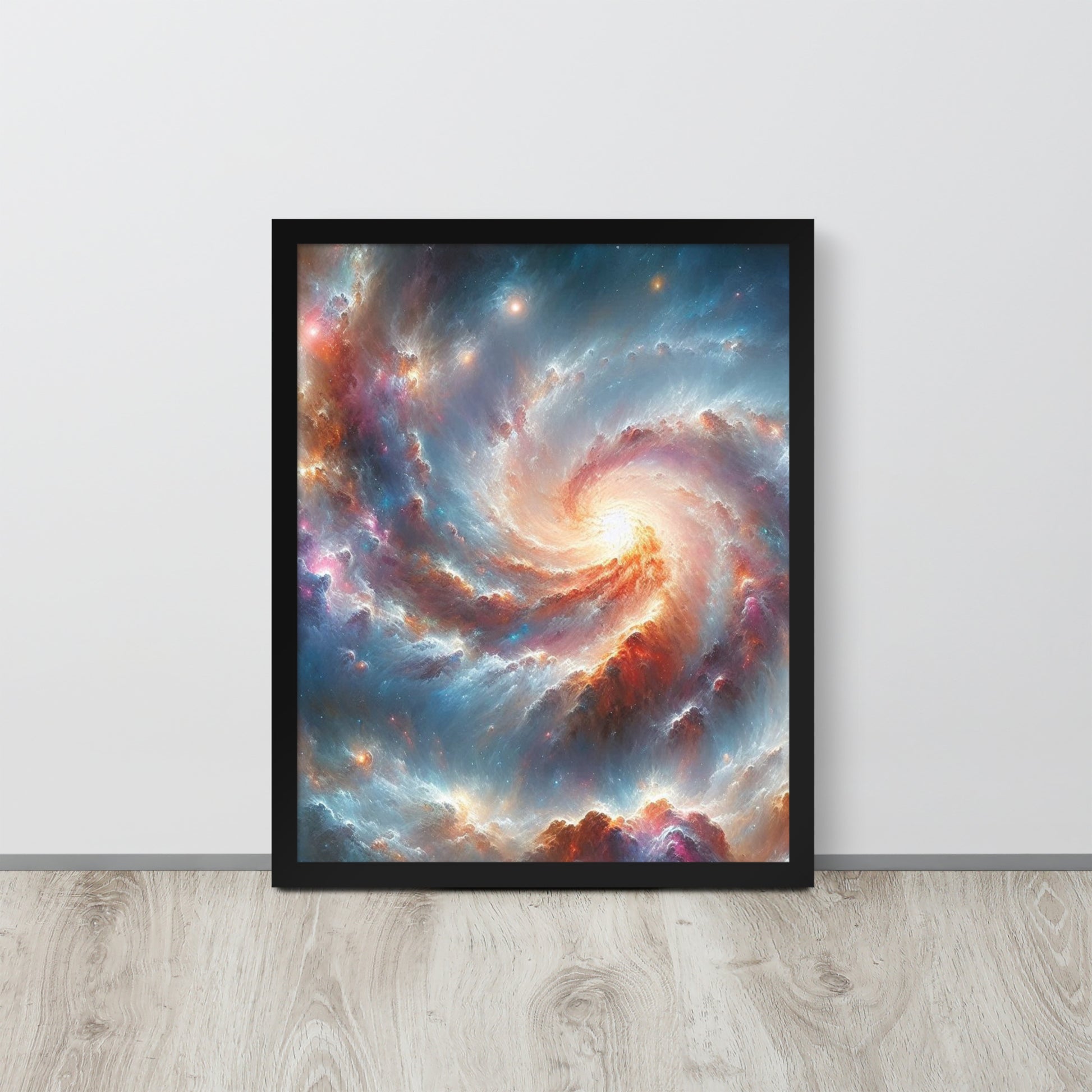Framed artwork of a modern colorful spiral galaxy A2 wallart on a light gray wall by Impressions Art UK.
