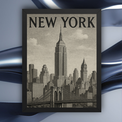 Framed vintage cityscape poster of New York, designed by Impressions Art, ideal for modern interior decor available in A4, A3 and A2 sizes.