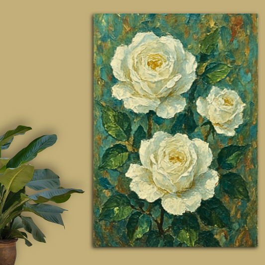 Poster painting of white roses near a beige wall with a plant beside it. A floral wall art poster by Impressions Art UK for modern interior decor.