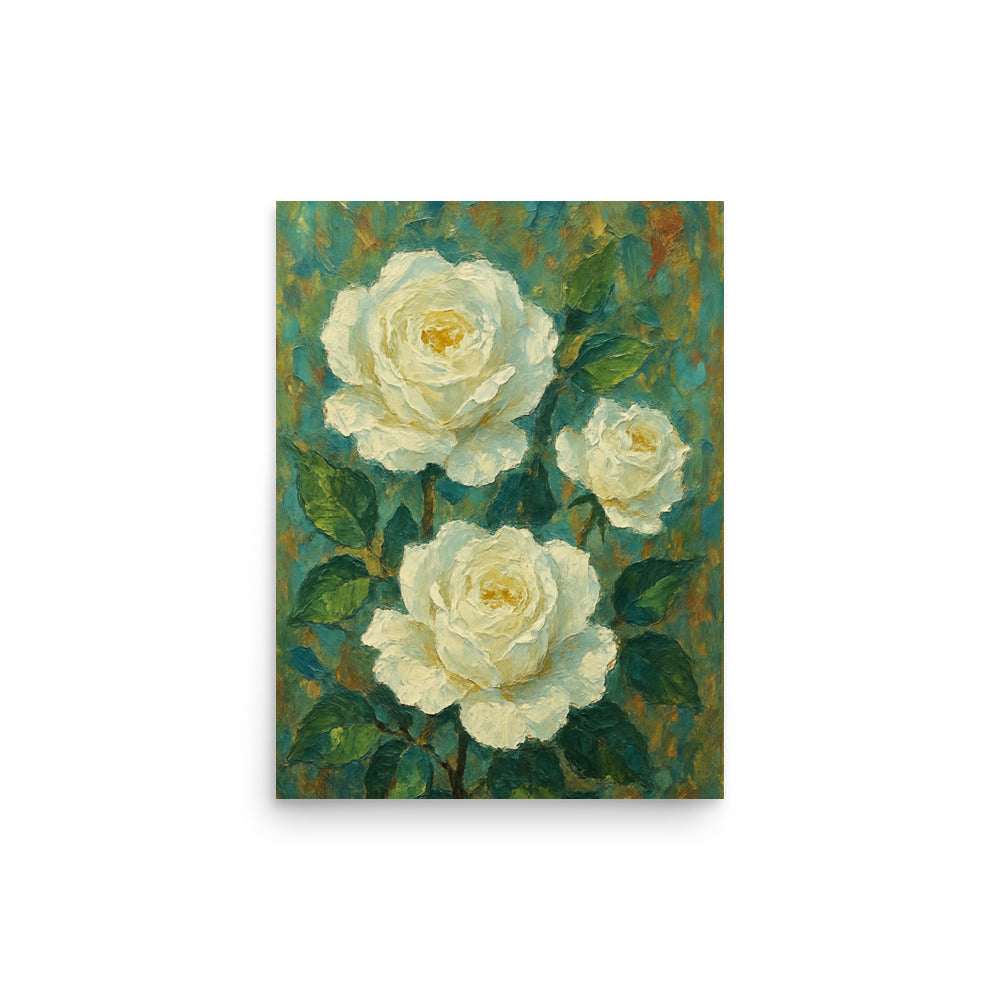 Premium poster print of UK white roses with a textured green and brown background in A3 for minimalist wall decor. Creative floral wallart by Impressions Art.