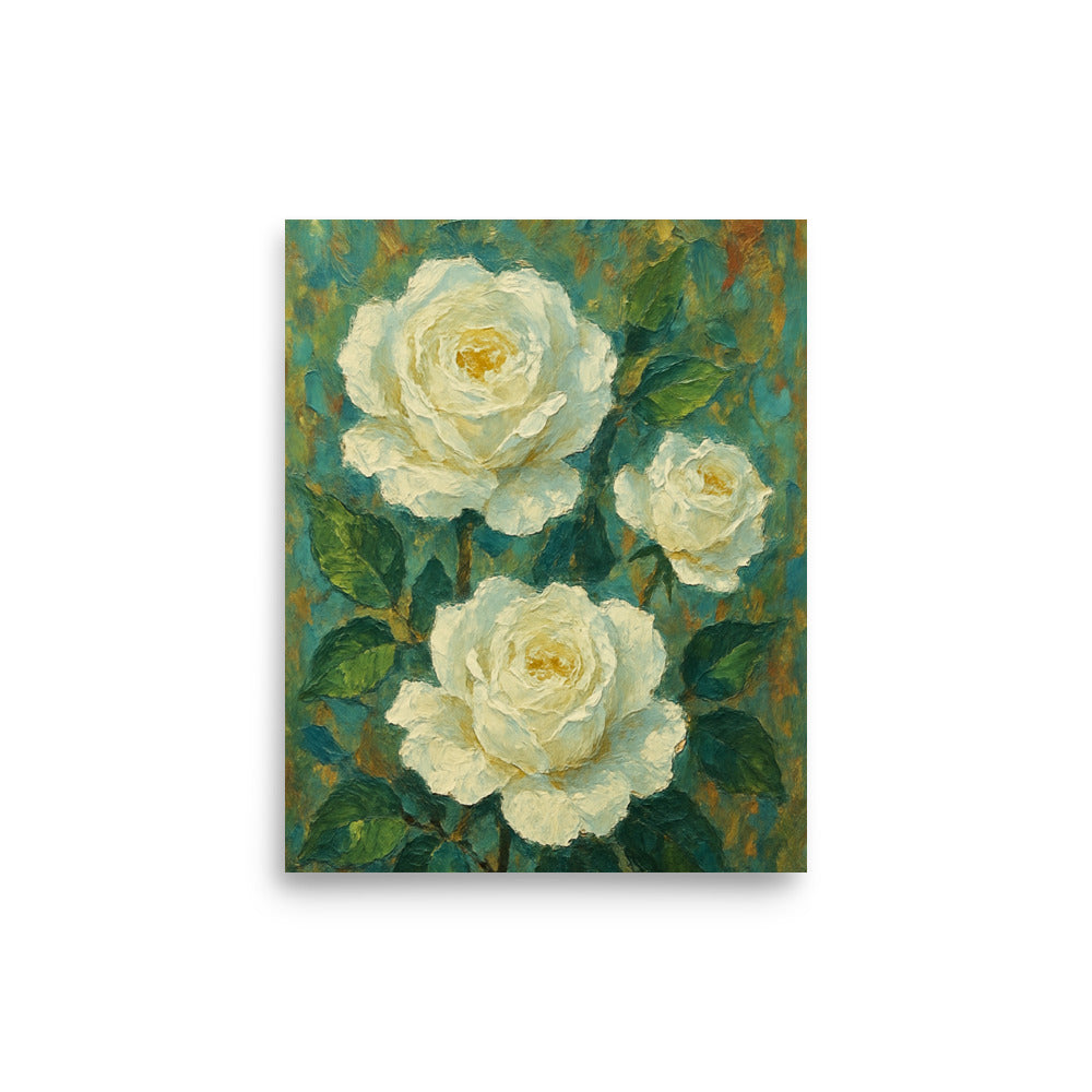 Premium poster print of UK white roses with a textured green and brown background in A4 for minimalist wall decor. Creative botanical wallart by Impressions Art.