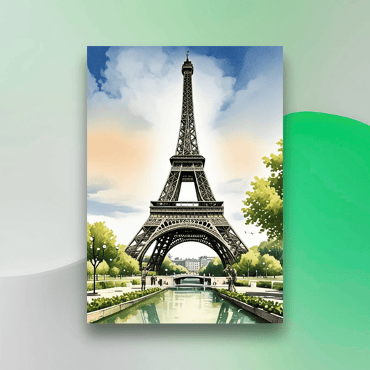 Beautiful art poster of the Eiffel Tower with a scenic background for modern home decor by Impressions Art.