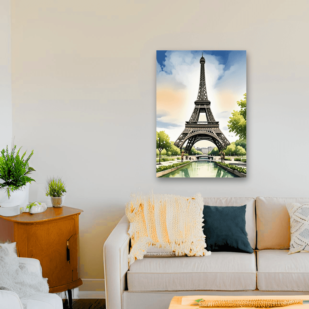 A premium design A3 poster of the Eiffel Tower in a UK living room wall with a couch and a side table by Impressions Art.