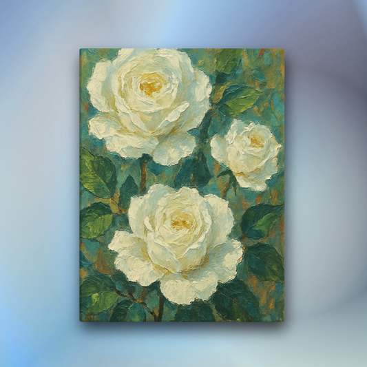 Floral artwork print of white roses with green leaves on a textured thick canvas wallart by Impressions Art.