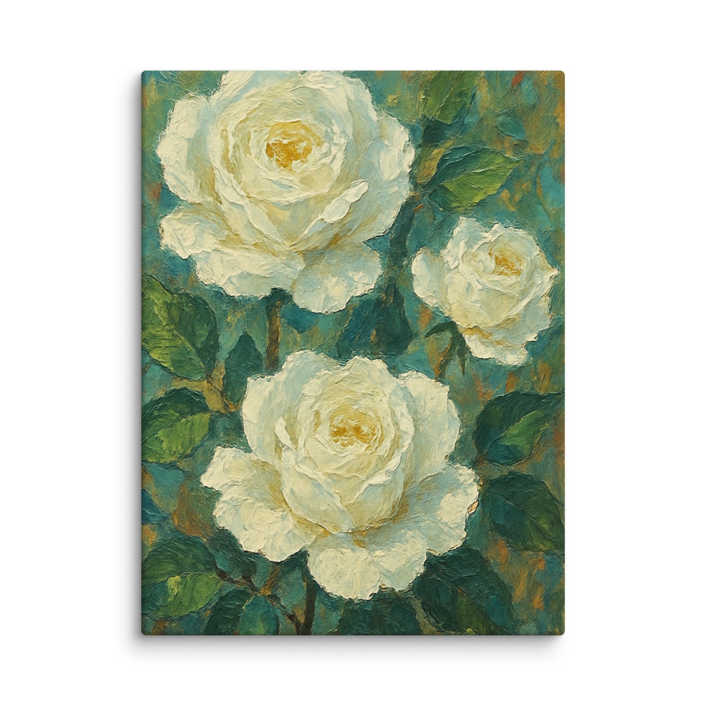 Premium elegant white roses floral canvas UK wallart painted in acrylic by Impressions Art for modern living rooms. 