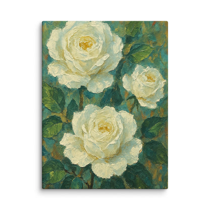 Premium elegant white roses floral canvas UK wallart painted in acrylic by Impressions Art for modern living rooms. 