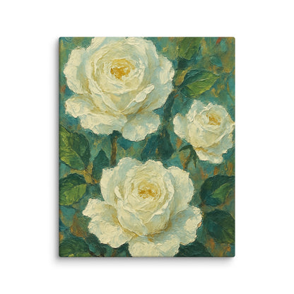 Premium elegant white roses floral canvas UK wallart painted in acrylic by Impressions Art for modern living rooms.