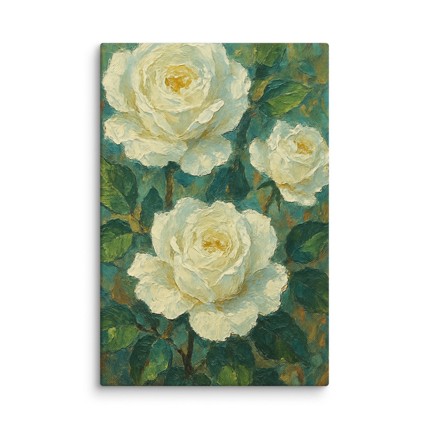 Premium elegant white roses floral canvas UK wallart painted in acrylic by Impressions Art for modern living rooms. 