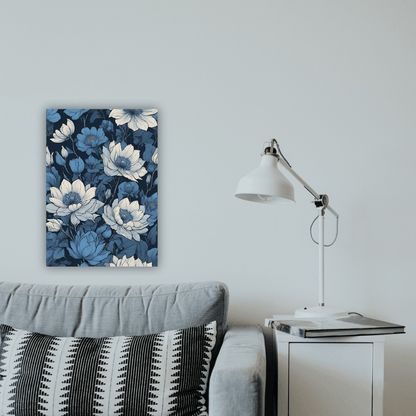 Elegant blue A3 size floral wall art print with creative botanical design on a wall by Impressions Art UK, ideal for modern home decor.