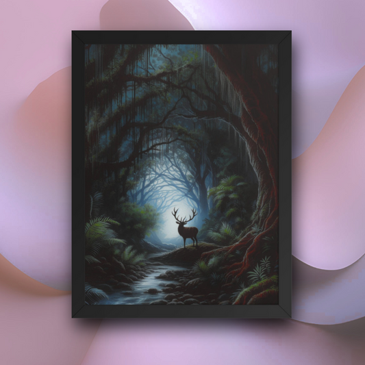 Framed wall art of a deer in a forest with a soft pink background at Impressions Art.