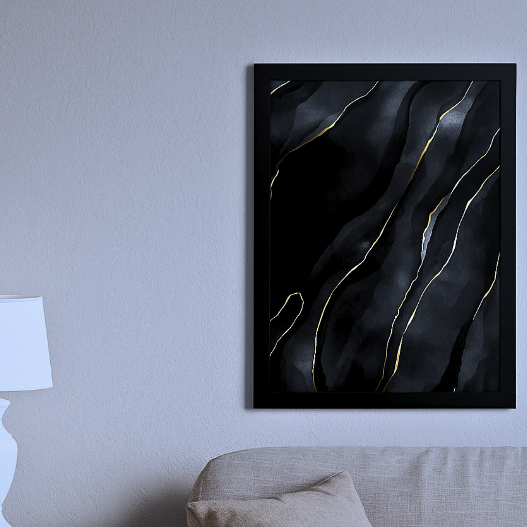 Abstract framed artwork with wavy lines on the wall in a modern living room by Impressions Art.