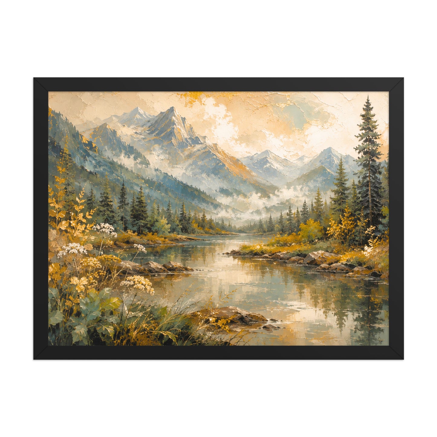Golden Horizon Valley framed wall art featuring a peaceful mountain 
landscape and river in a black frame for home décor.