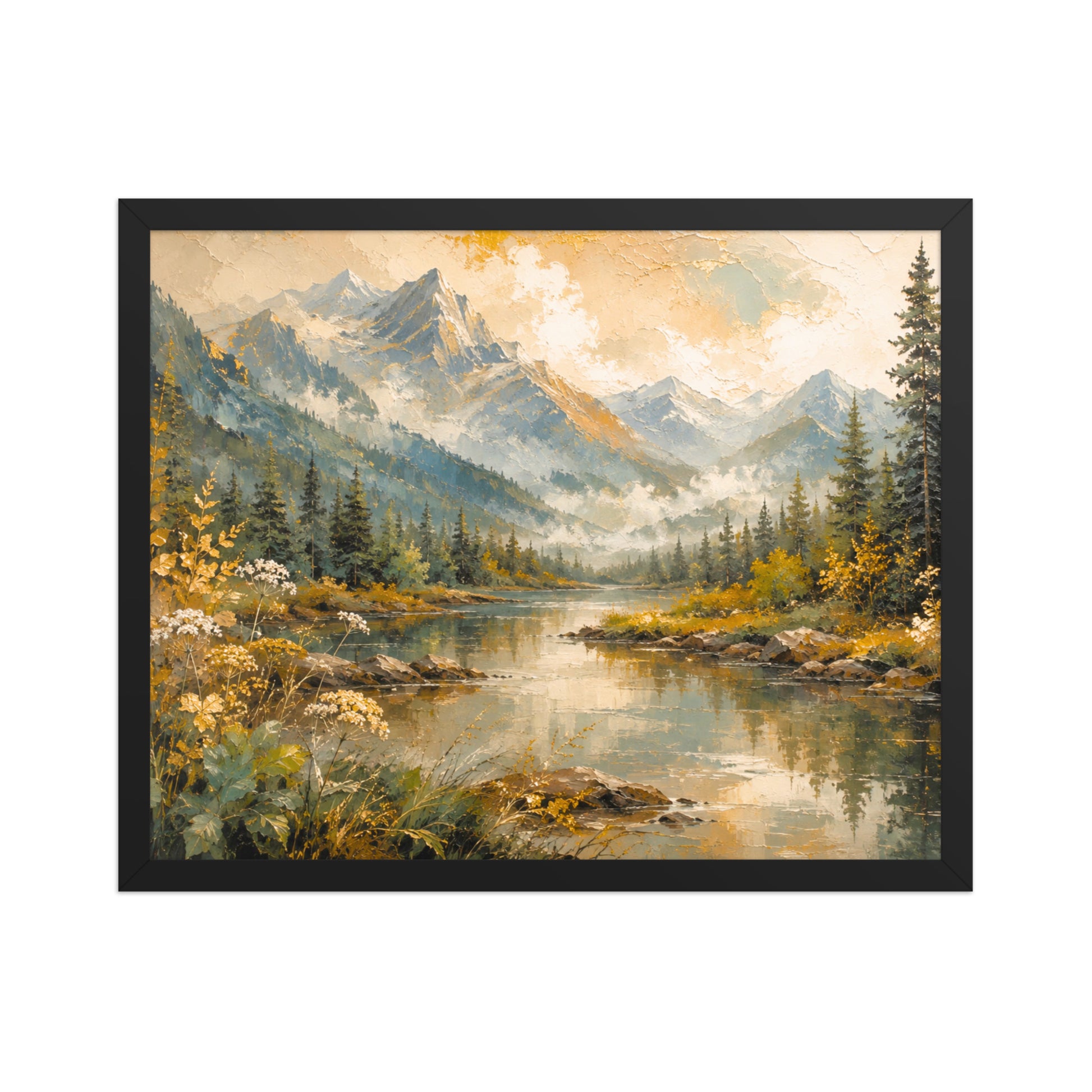 Golden Horizon Valley framed wall art featuring a peaceful mountain 
landscape and river in a black frame for home décor.
