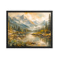Golden Horizon Valley framed wall art featuring a peaceful mountain 
landscape and river in a black frame for home décor.