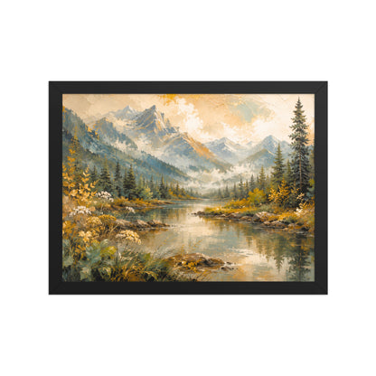 Golden Horizon Valley framed wall art featuring a peaceful mountain 
landscape and river in a black frame for home décor.