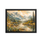Golden Horizon Valley framed wall art featuring a peaceful mountain 
landscape and river in a black frame for home décor.