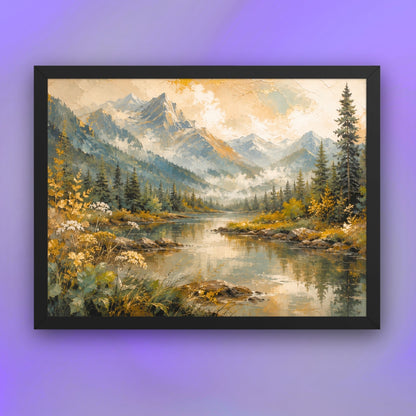 Golden Horizon Valley framed wall art featuring a peaceful mountain 
landscape and river in a black frame for home décor.