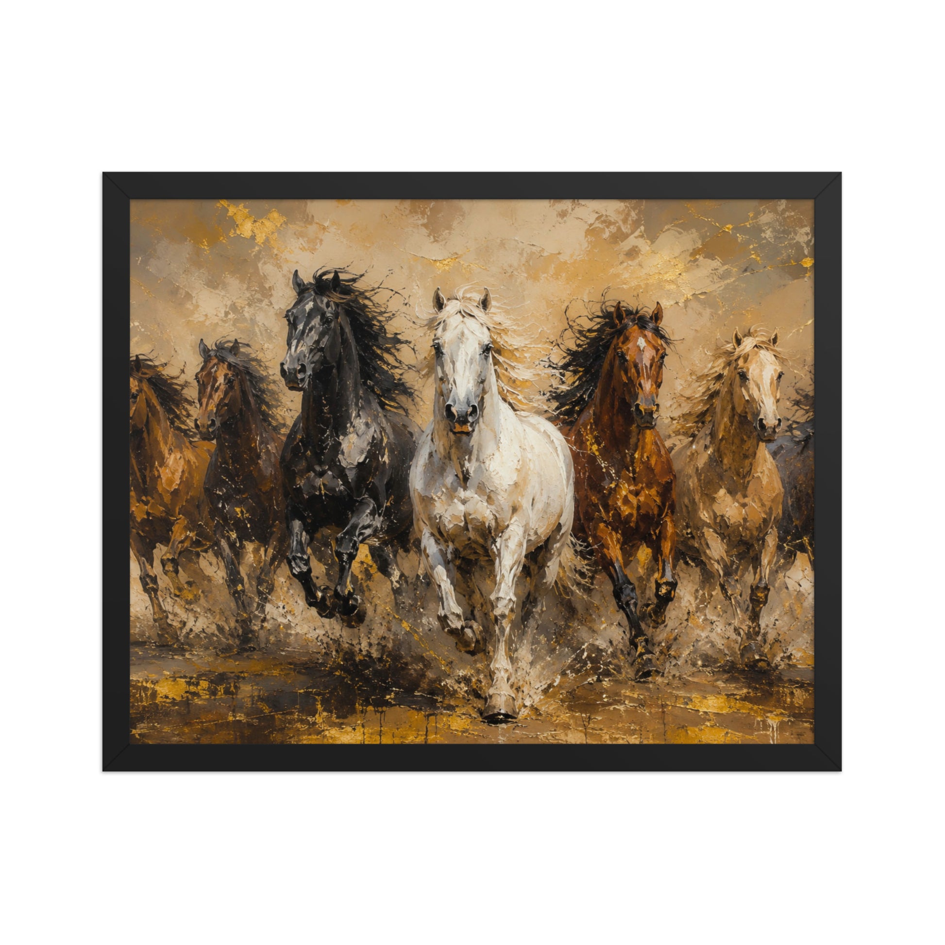 Framed matte poster of horses running through a textured landscape, ready to hang for home decor.