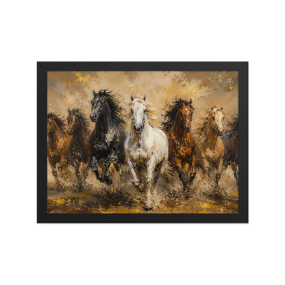 Framed matte poster of horses running through a textured landscape, ready to hang for home decor.