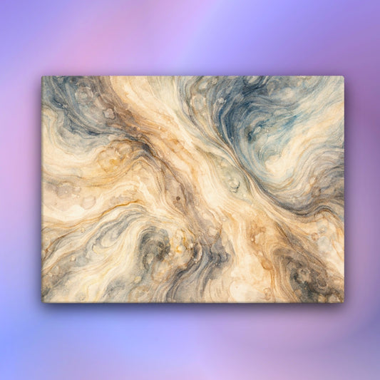 Modern abstract art with cream, beige and grey swirling marble pattern on thick canvas for contemporary UK home decor.